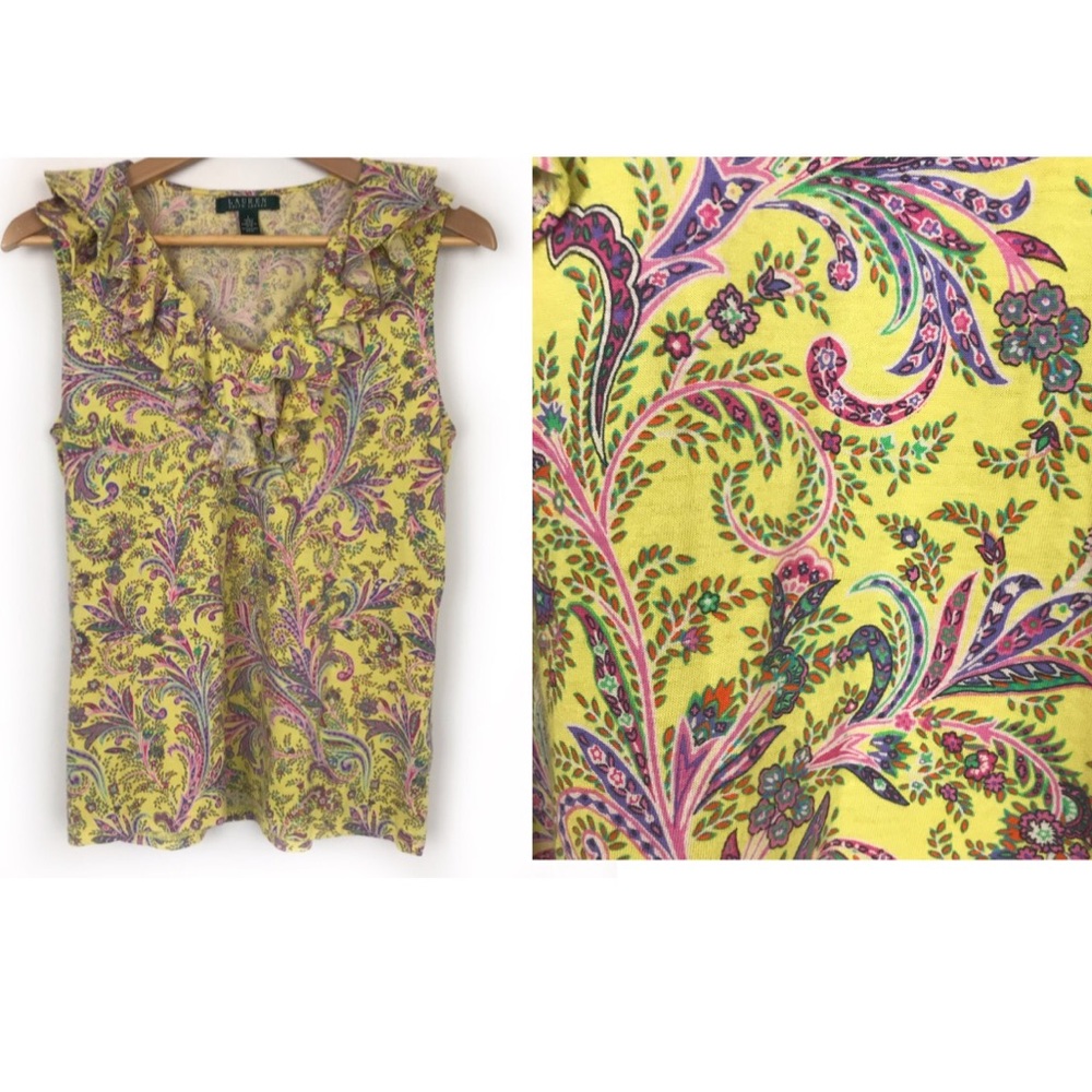 Ralph Lauren Ruffled V Neck Tank Top Paisley Large